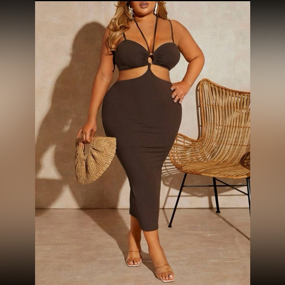 Plus Size Chocolate Brown Cutout Midi Dress